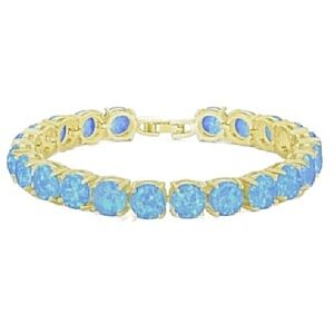 New Gold Blue Fire Opal Round Cut Tennis Bracelet
